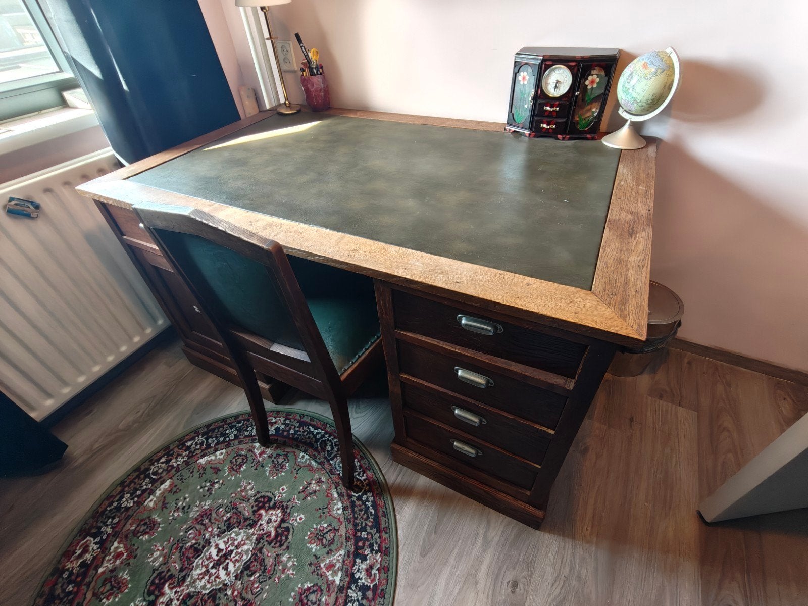 Antiek houten bureau met lades en opbergruimte, Ophalen, Gebruikt, Hout, Antiek