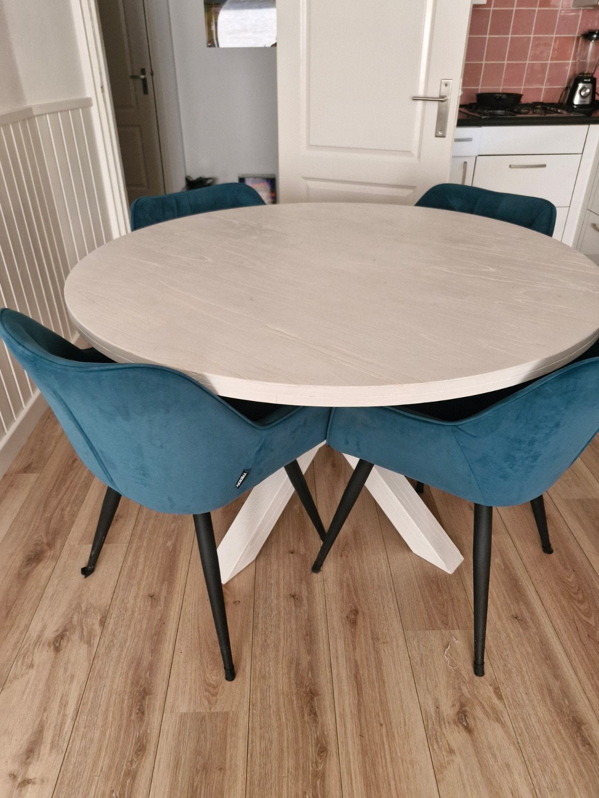 Eethoek witte tafel diam 130cm, Ophalen, Gebruikt, Rond, Vier personen
