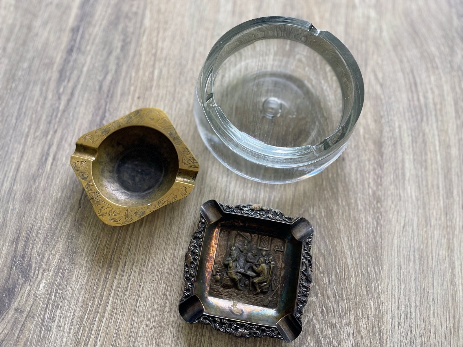 Set van 3 vintage asbakken: glas, messing en zilverkleurig, Ophalen
