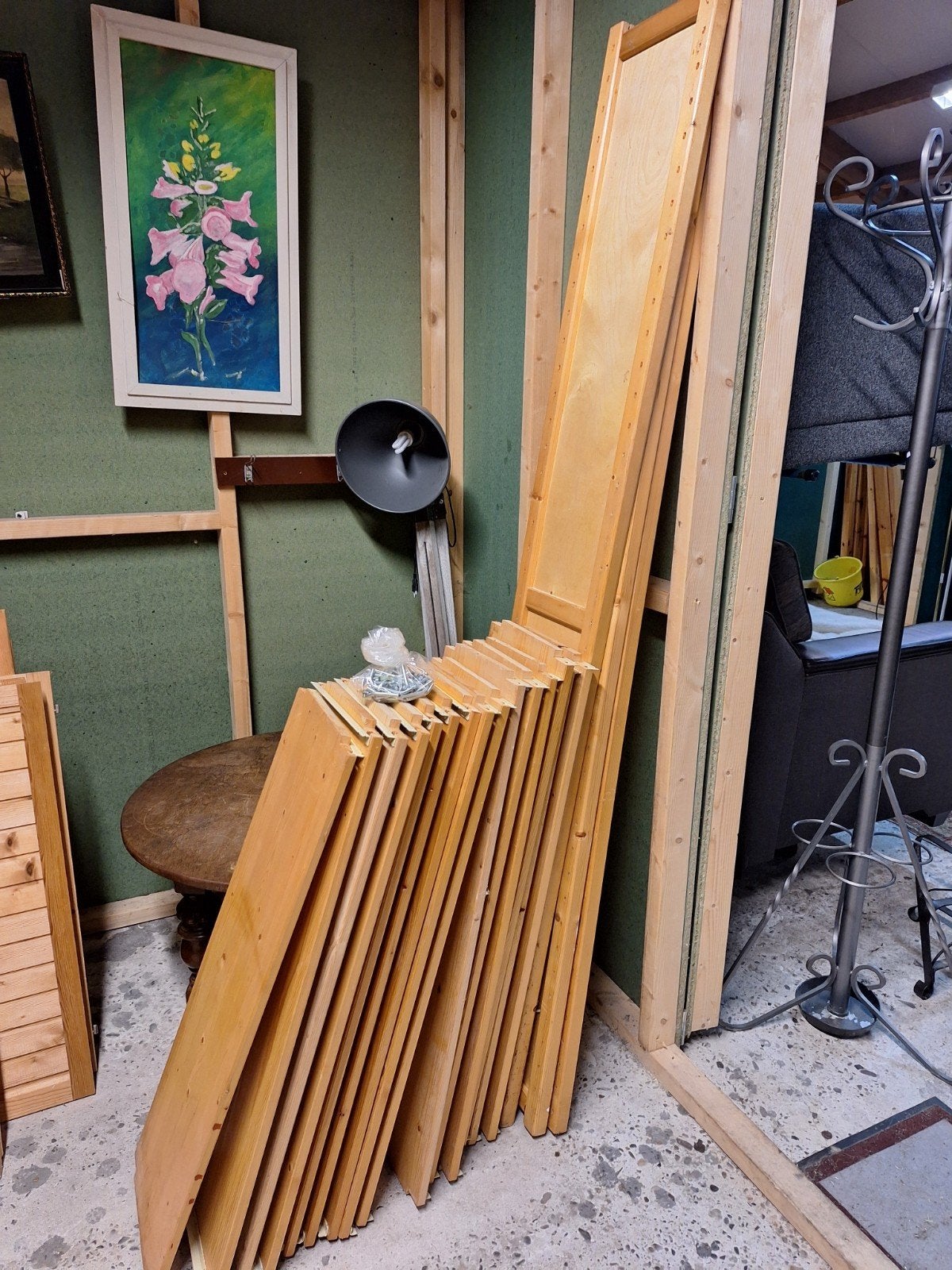 Stelling 15 planken 3 staanders hout stellingkast, Ophalen, Gebruikt