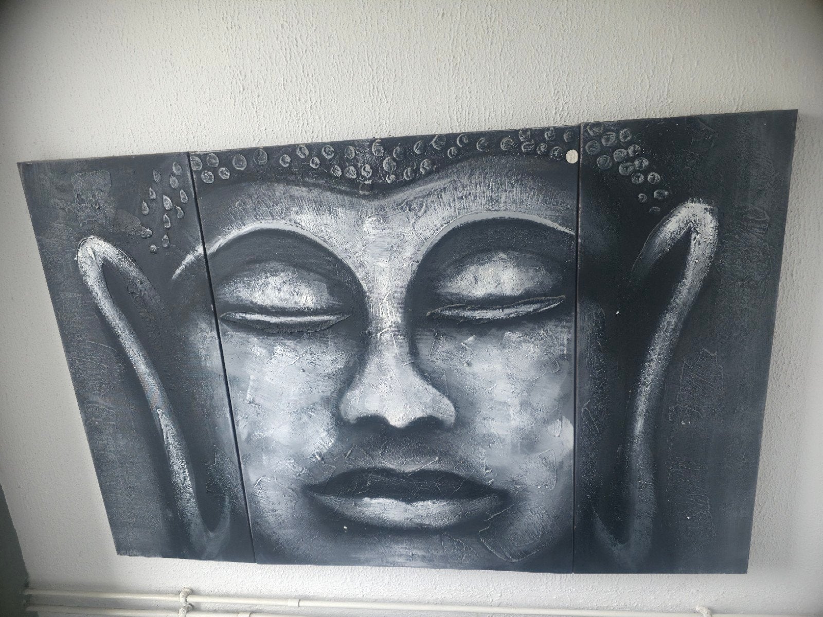 Boeddha schilderij - 3-luik - Grijs/Wit, Met reliëf, Grijs, Ophalen of Verzenden, Zo goed als nieuw