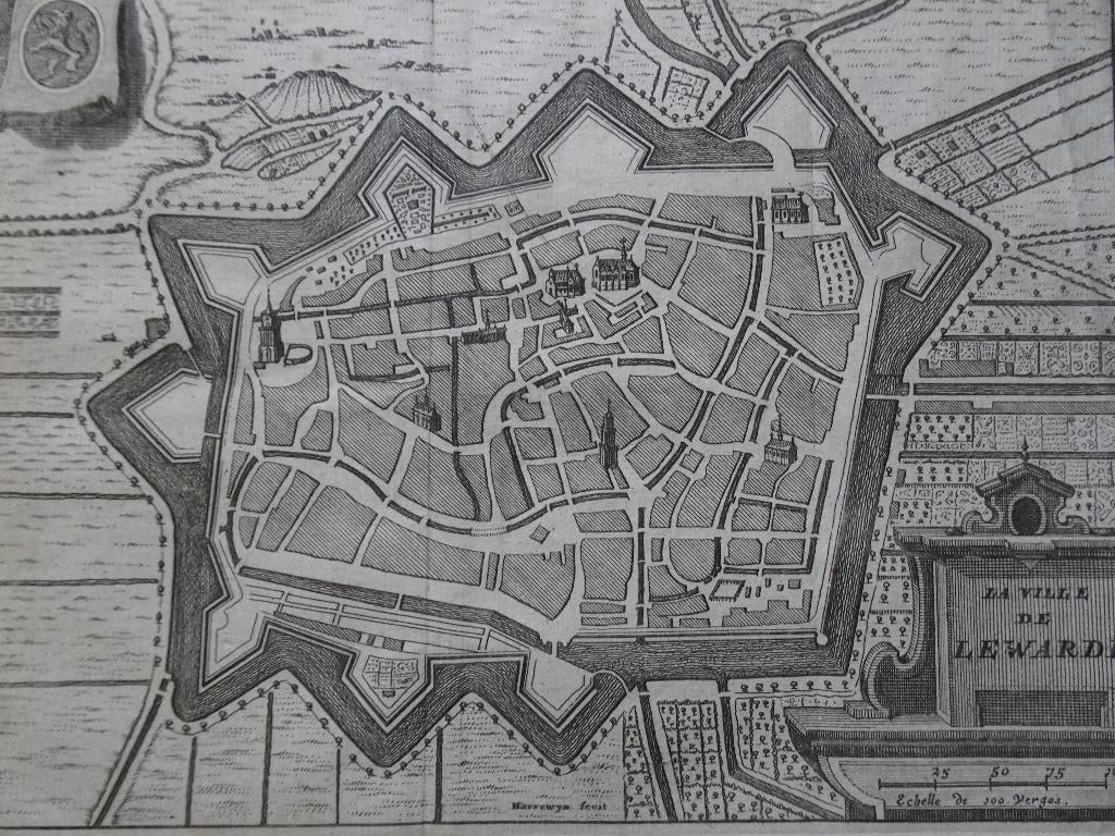Gravure plattegrond stad Leeuwarden, Harrewijn, ca 1720, Antiek en Kunst, Verzenden