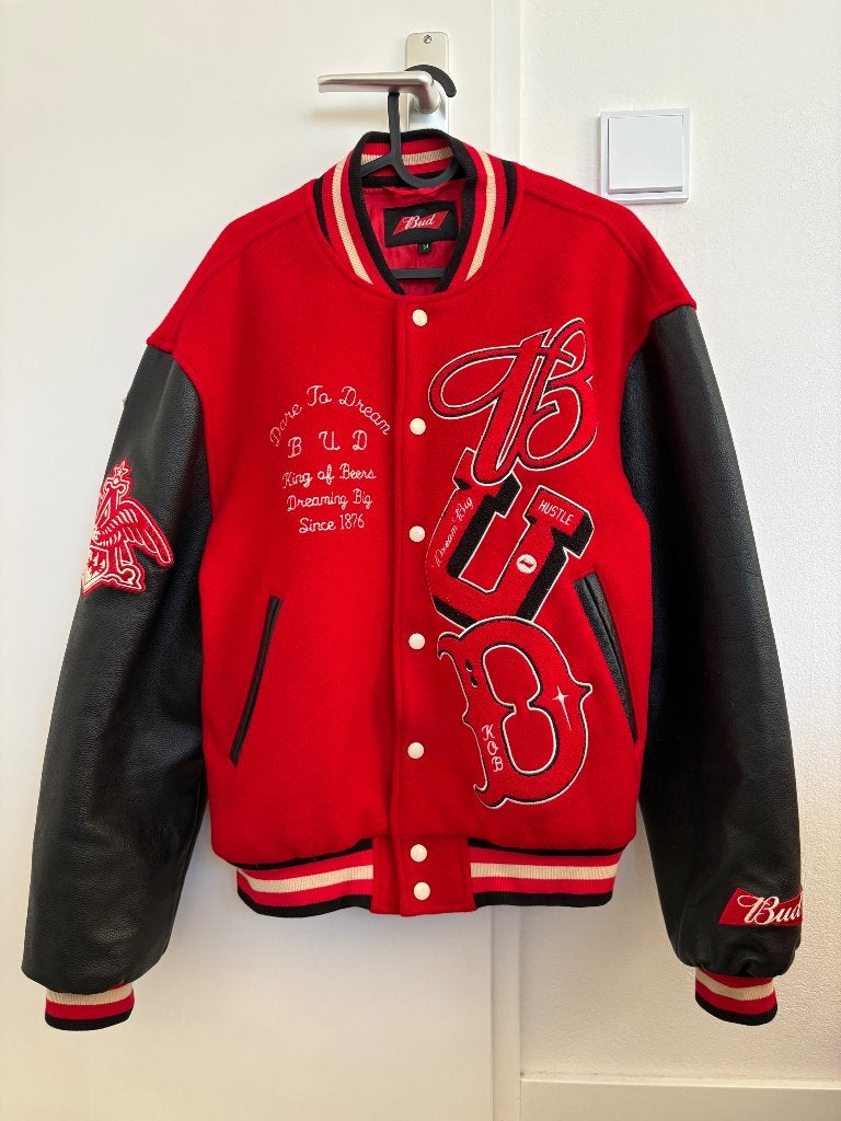 Budweiser Varsity Jacket | 100% Cow Leather Sleeves, Maat 48/50 (M), Zwart, Budweiser, Ophalen of Verzenden
