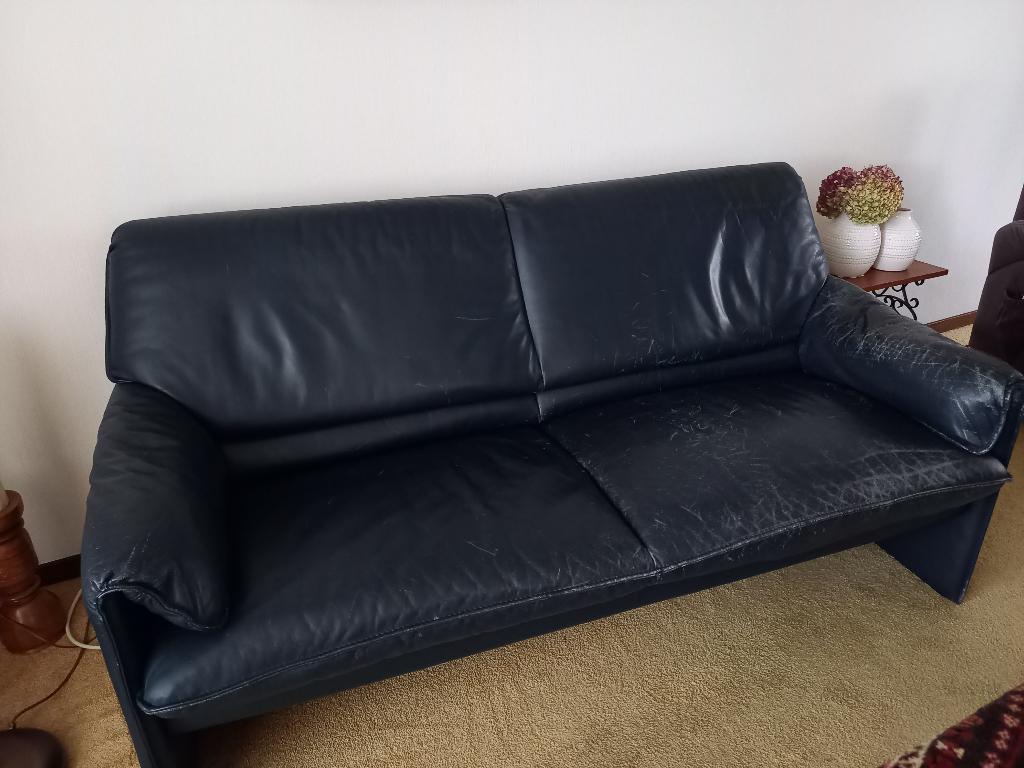 Leolux 2,5-zits bank, Bora Bèta, donkerblauw leer, Ophalen, Gebruikt, 150 tot 200 cm, Tweepersoons