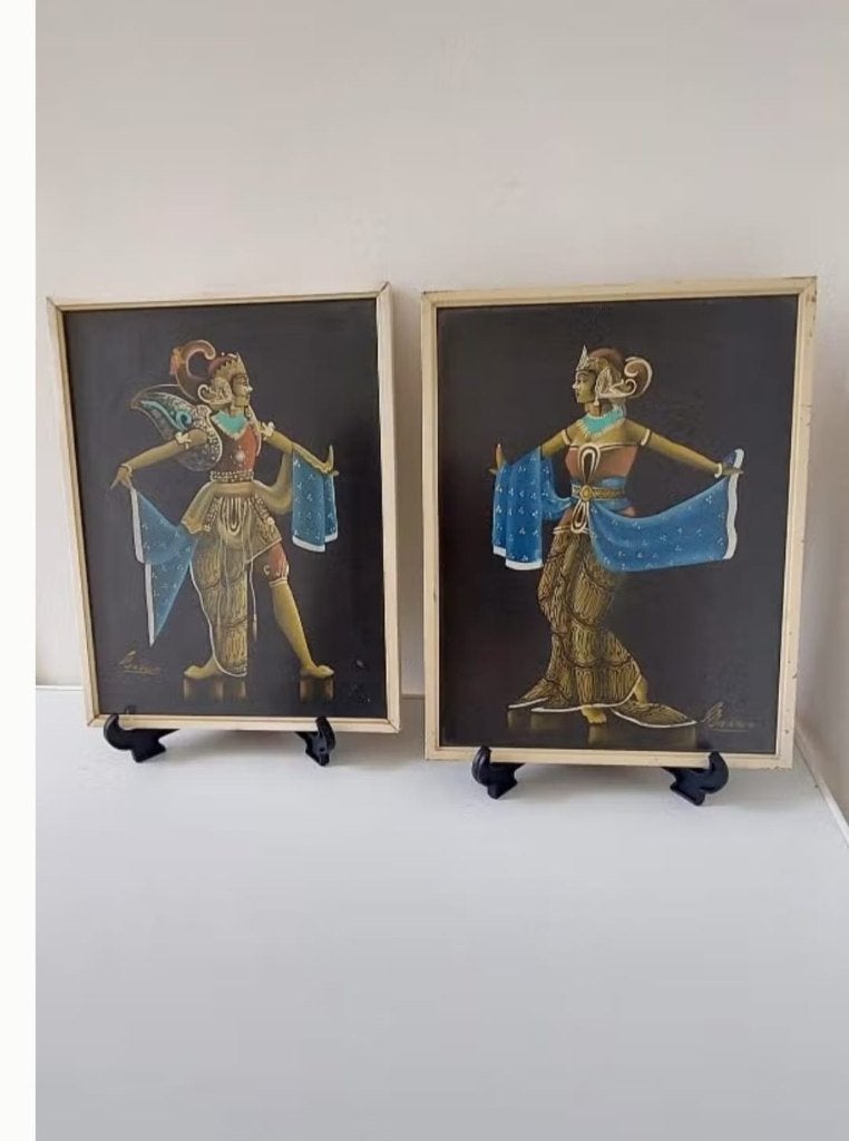 2 Vintage Indonesische Schilderijen japandi, Gebruikt, Eu, Ophalen of Verzenden, Schilderij