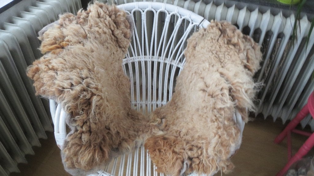 set wol, handgevilt 2 tuinstoel vachtjes van Ouessant schaap, Woondeken, Verzenden, Nieuw, Bruin