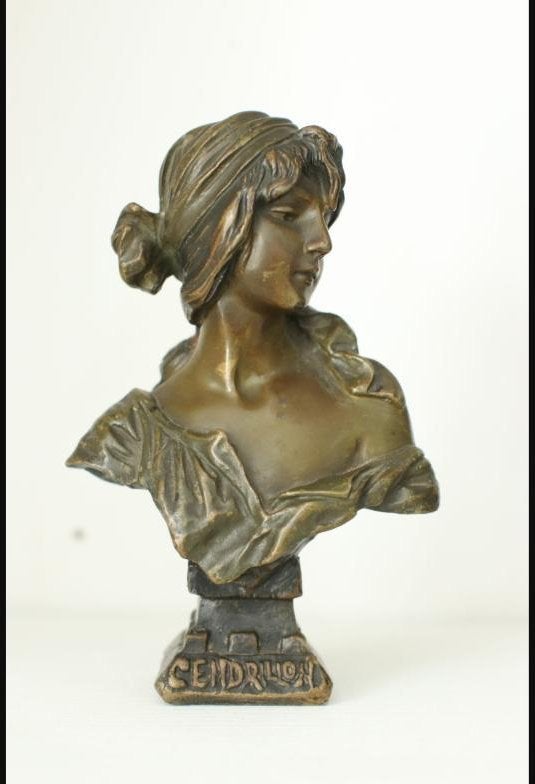 Franse Art Nouveau bronzen buste 'Cendrillon' Villanis, Ophalen, Minder dan 20 cm, Gemerkt, Brons