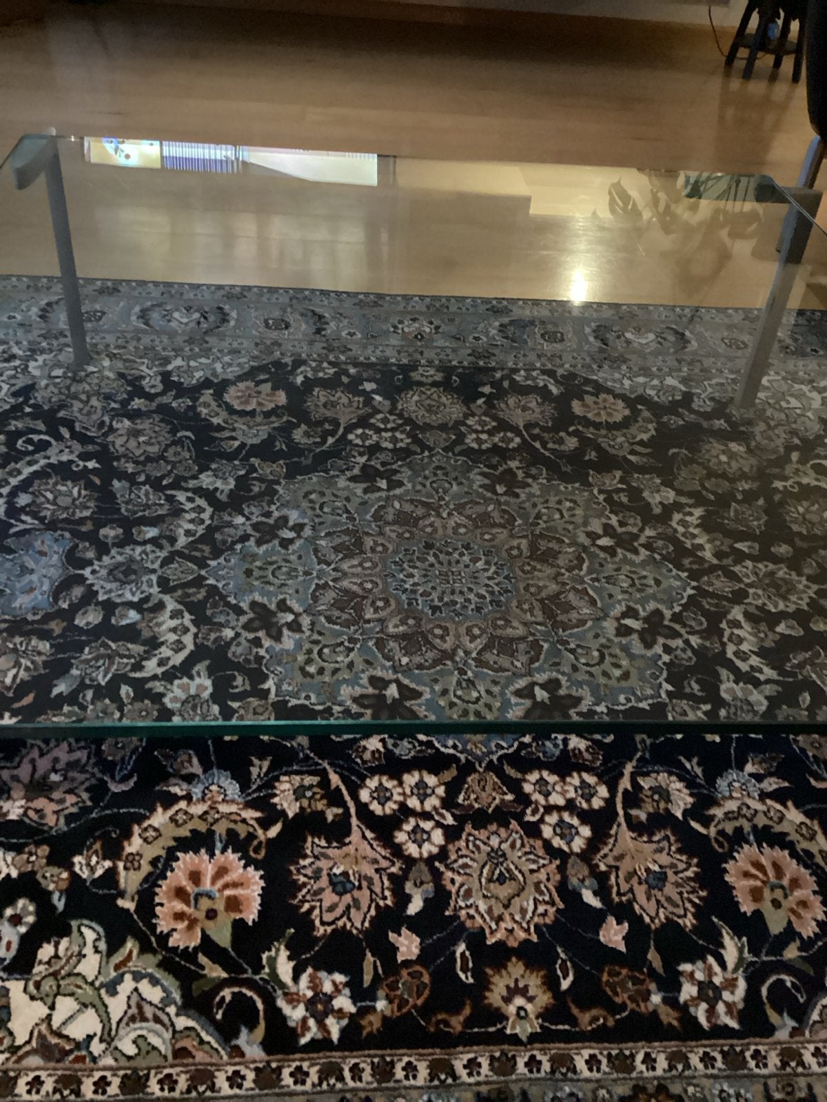 Glazen salontafel met metalen poten, Ophalen, Gebruikt, 100 tot 150 cm, Glas