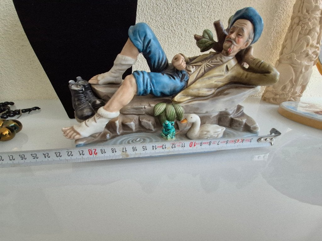 Vintage porselein beeld rustend visser met pijp eend kikker, Antiek en Kunst, Ophalen of Verzenden