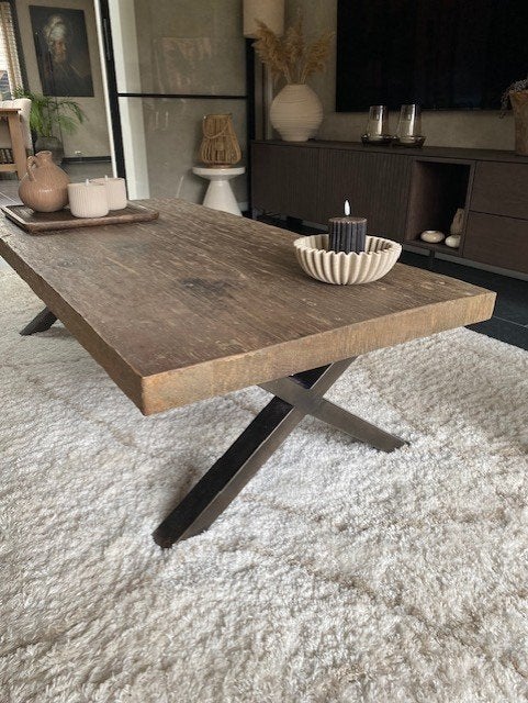 Prachtige stoer landelijke salontafel teakhout IZGS, Ophalen, 100 tot 150 cm, Teakhout, 50 tot 100 cm