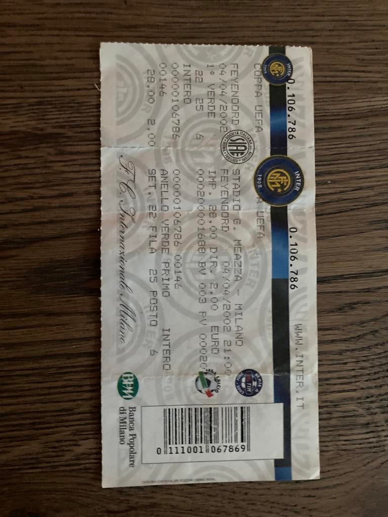 TICKET INTER MILAN-FEYENOORD HALVE FINALE UEFA CUP 01-02, Verzamelen, Sportartikelen en Voetbal, Ophalen of Verzenden, Zo goed als nieuw