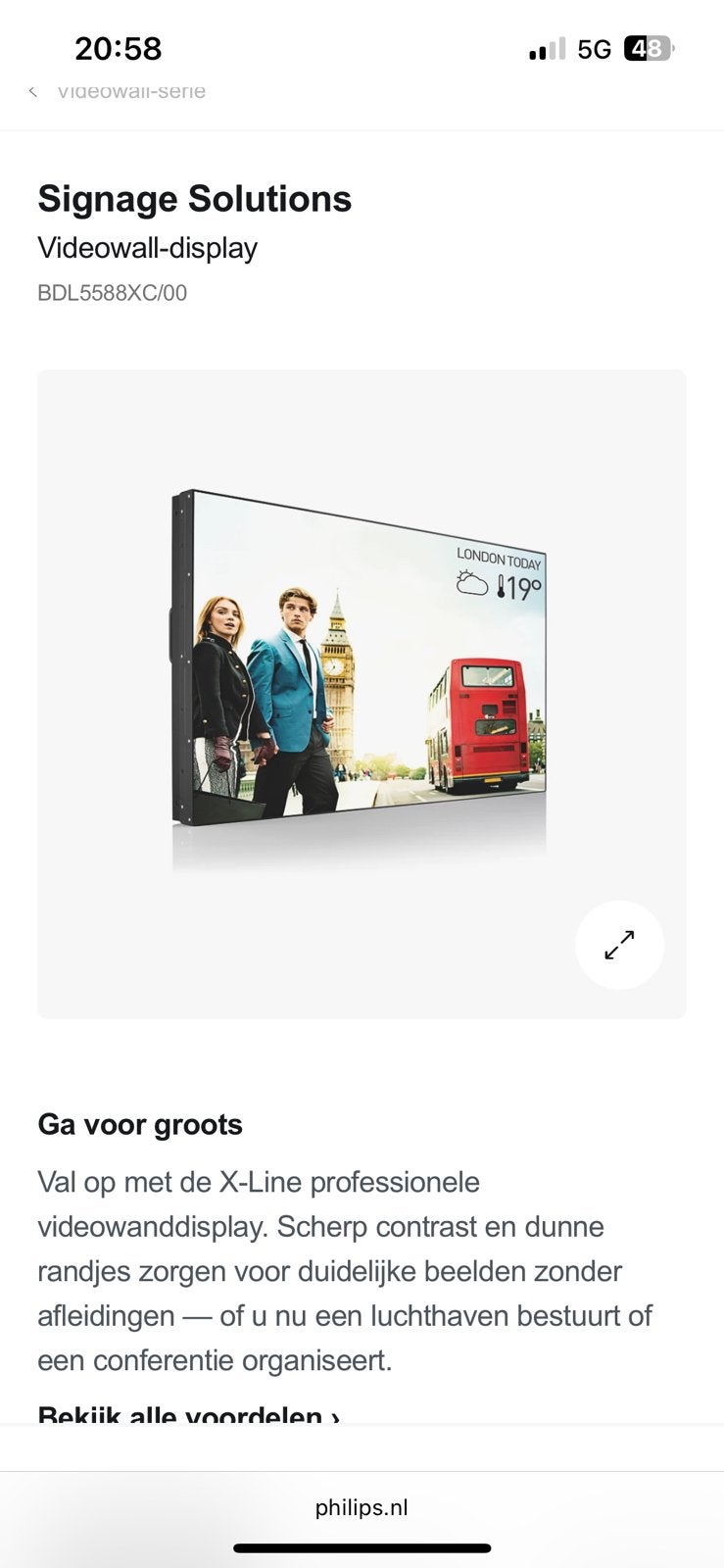 Phillips BDL5588XC videowand display, Ophalen of Verzenden, Gebruikt, Video