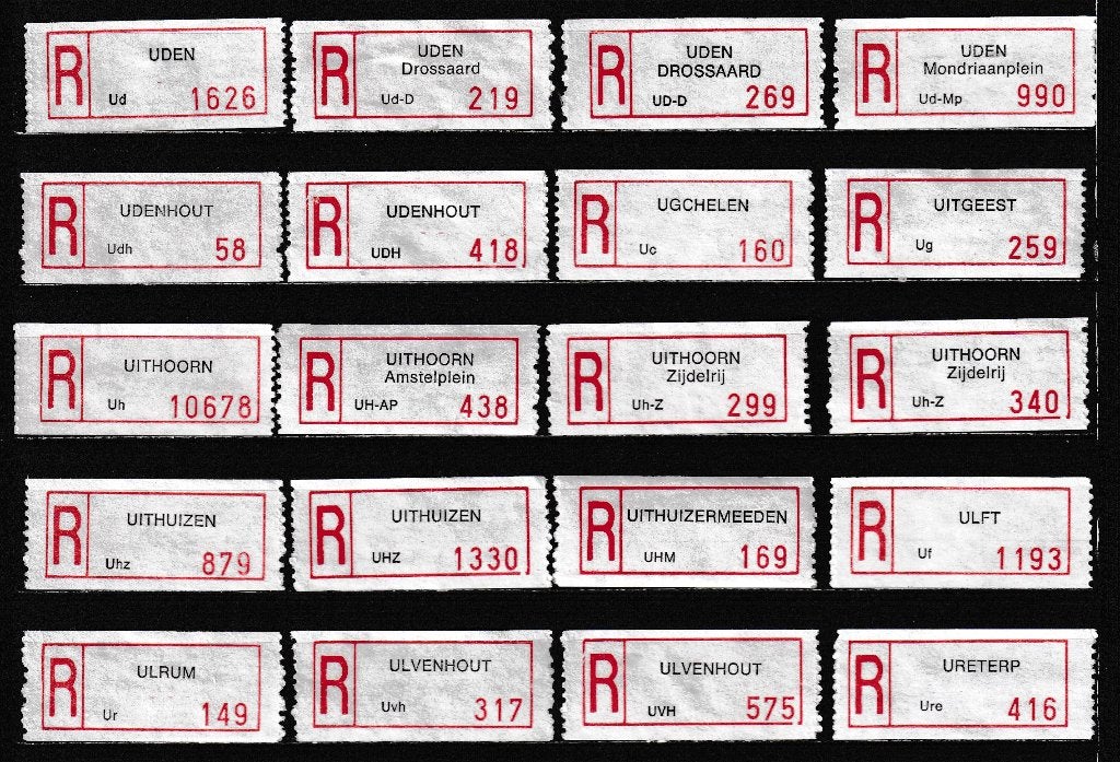 96 Aantekenstrookjes, Type 90, Letter U, Verzenden, Na 1940, Gestempeld
