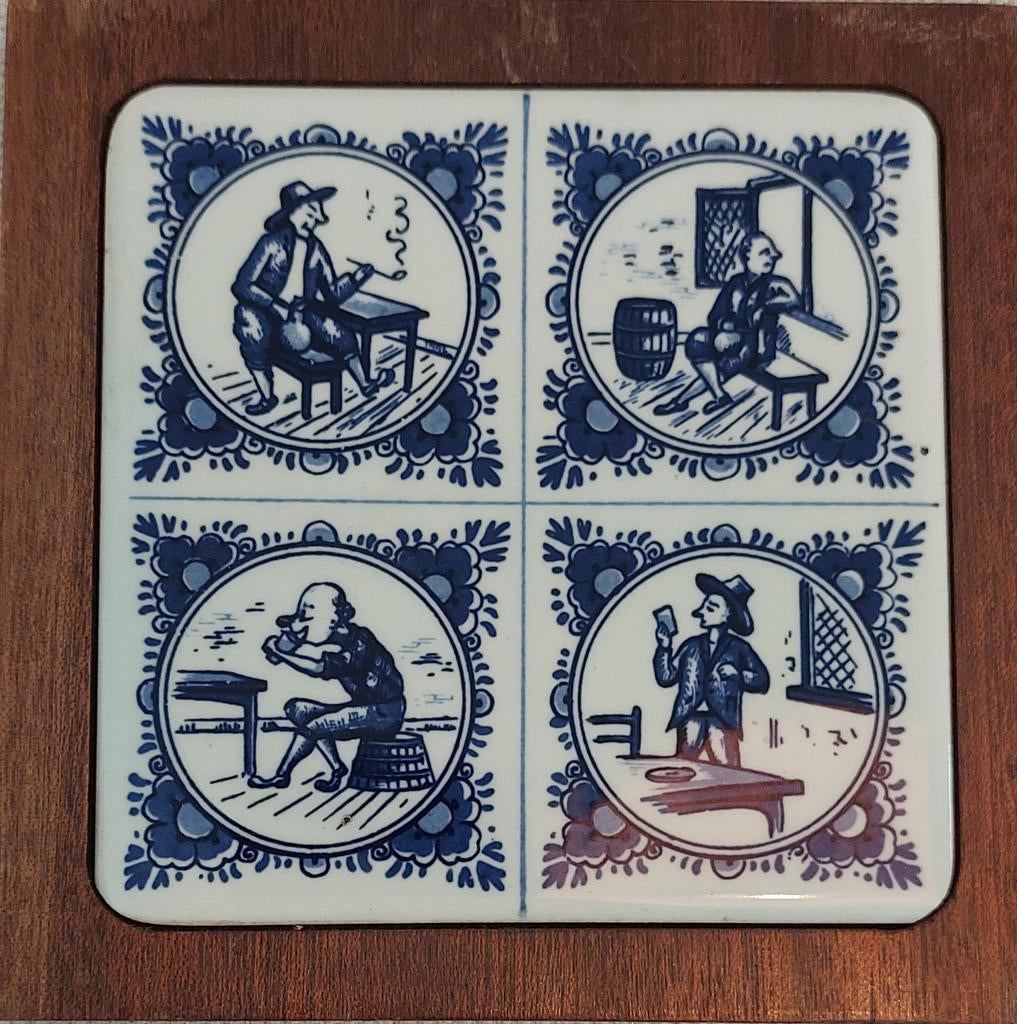 Delfts blauw tegel tableau – 4 tegeltjes in houten lijst!!, Ophalen of Verzenden