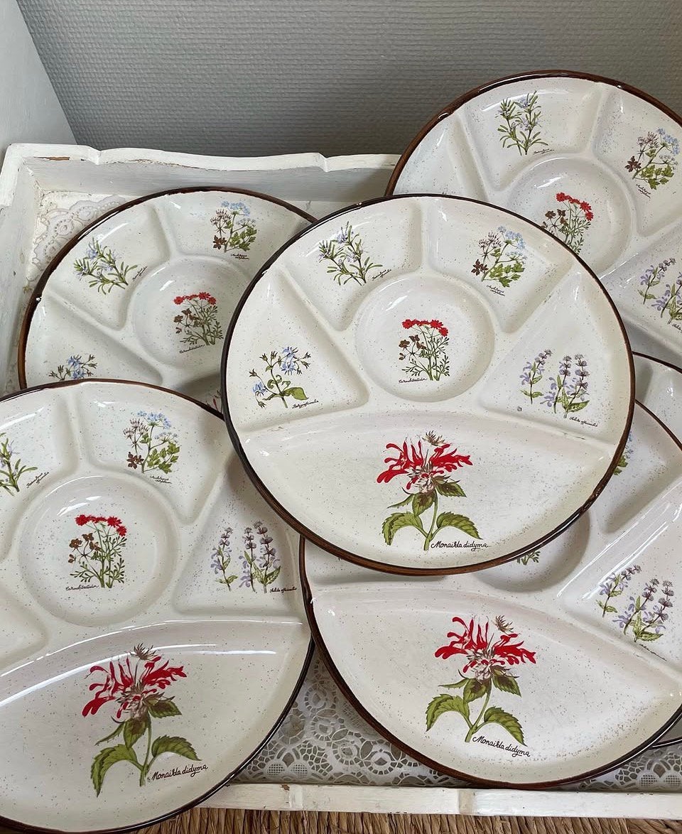 6 vintage fondueborden Wildflower, Ophalen of Verzenden, Porselein, Overige stijlen, Bord(en)