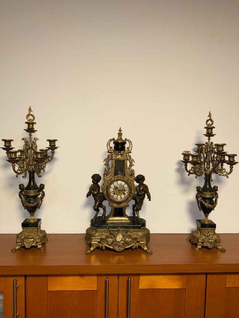 Schouwklok met kandelaars - Napoleon III stijl, Antiek en Kunst, Antiek | Klokken, Ophalen