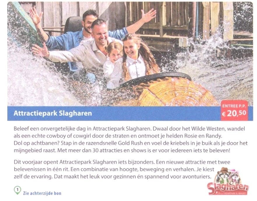 Attractiepark Slagharen entree € 20,50 p.p., Drie personen of meer, Kortingskaart