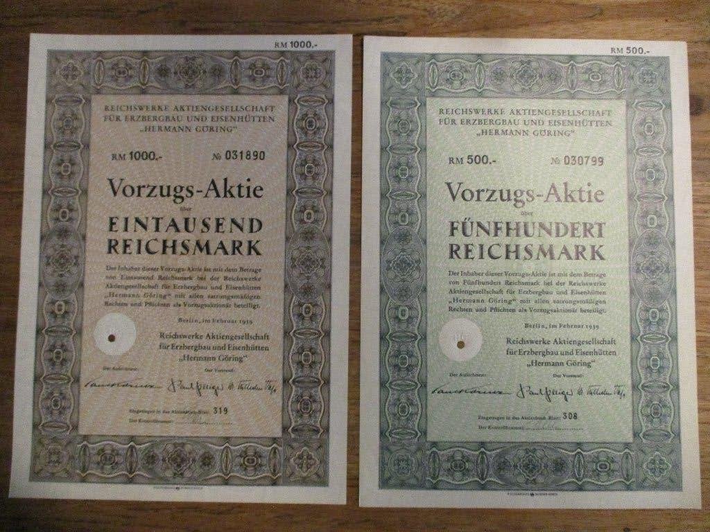 2x aandeel Reichswerke Hermann Goering 1939, Verzamelen, Verzenden, Luchtmacht, Duitsland, Overige typen
