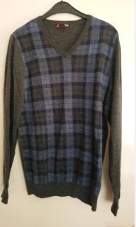 nog gewon Nieuw MERINO WOOL 50% wol trui Blauw grijs ruit M, Kleding | Heren, Truien en Vesten, Verzenden, Nieuw, Maat 48/50 (M)