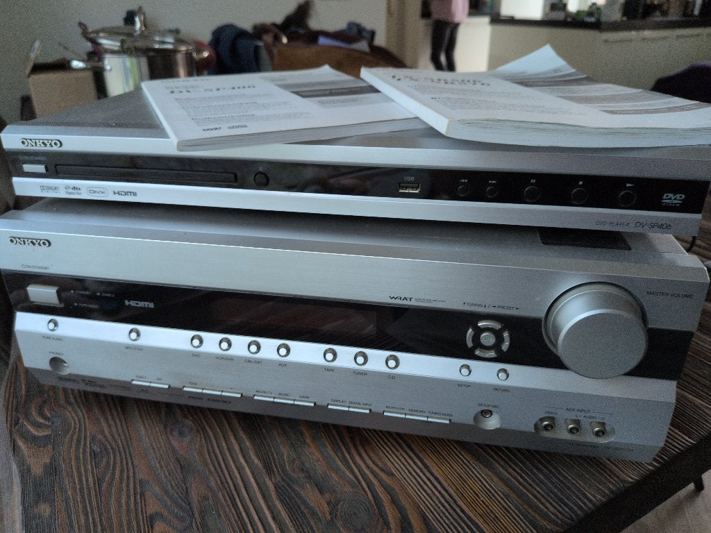 Onkyo 7.1 AV receiver TX-SR576 en DVD speler DV-SP406, Ophalen, Gebruikt, 120 watt of meer, Onkyo