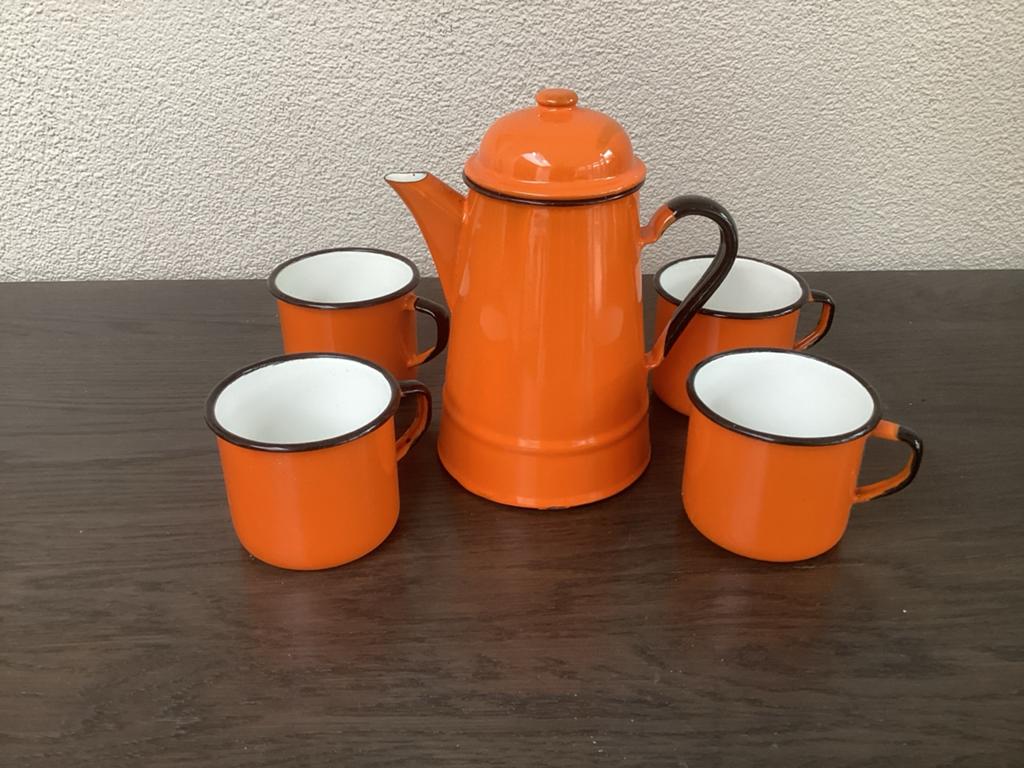 Vintage Oranje Emaille Koffiepot met 4 Mokken, Ophalen
