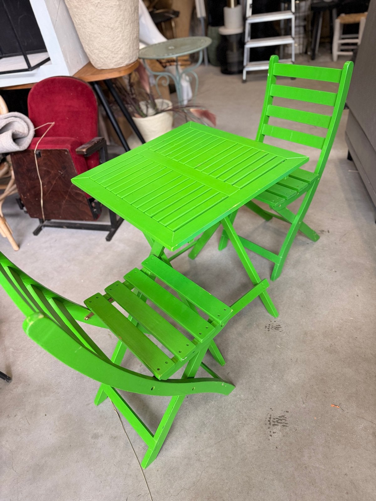 Groene bistro set - tafel met 2 stoelen, Tuin en Terras, Gebruikt, Eettafel, Tuinset, Hout