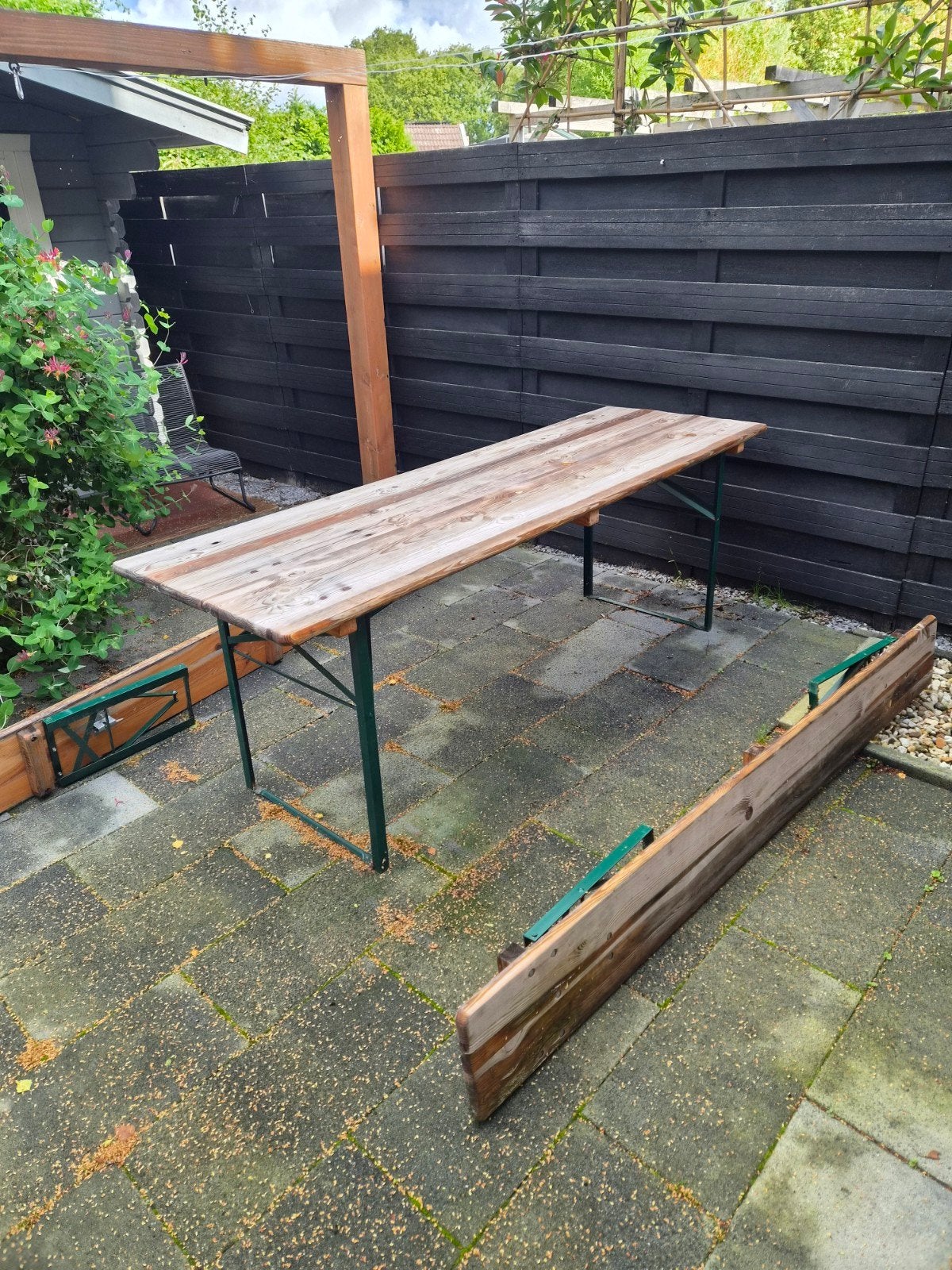 Houten picknicktafel met banken, Ophalen, Gebruikt, Inklapbaar, Rechthoekig