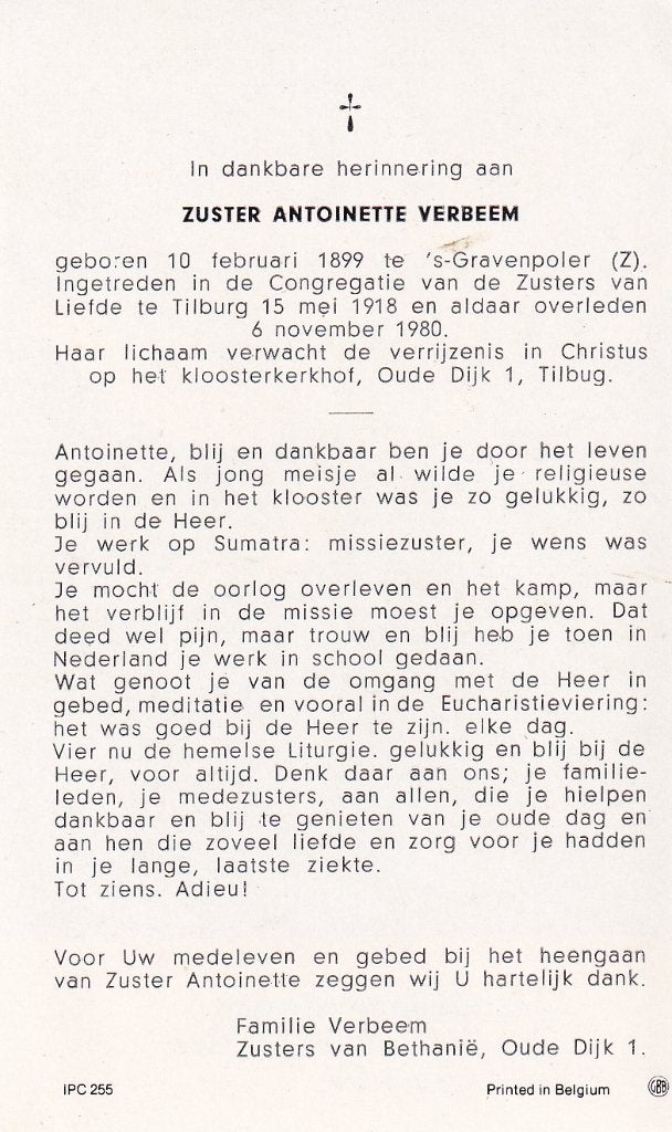 Verbeem Antoinette 1899 `s Gravenpolder 1980 Tilburg zuster, Verzamelen, Bidprentjes en Rouwkaarten, Ophalen of Verzenden, Bidprentje