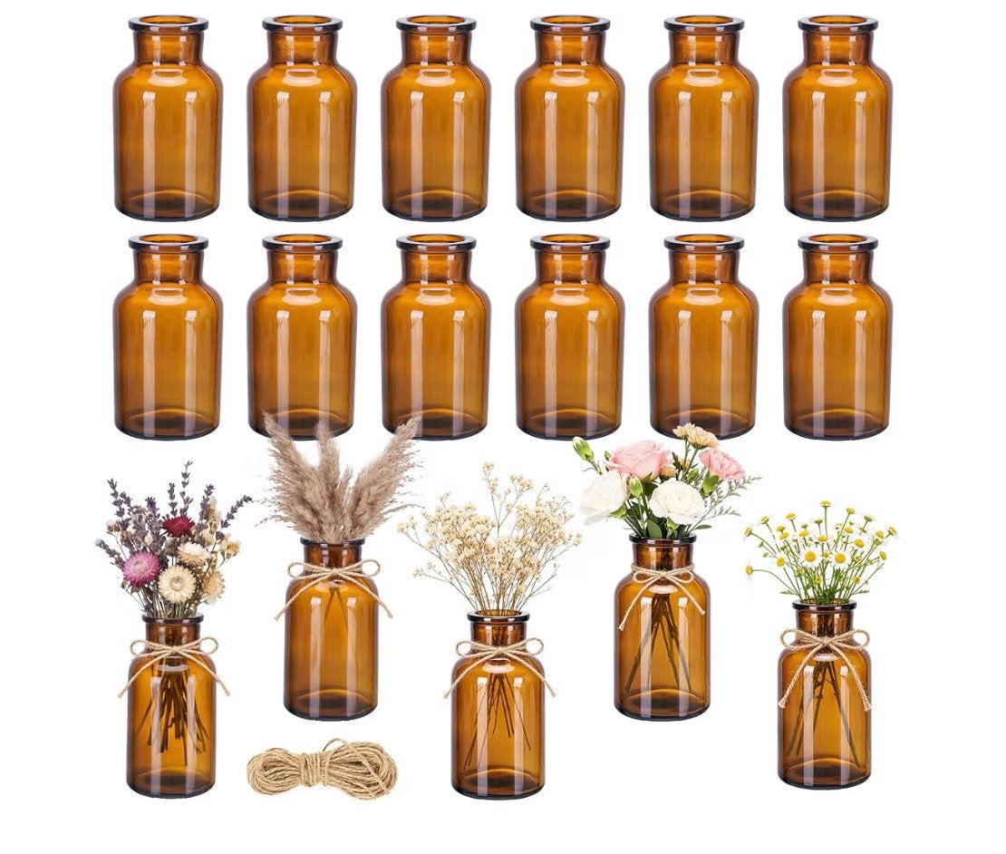 Set van 12 amberkleurige kleine glazen vazen, Huis en Inrichting, Ophalen