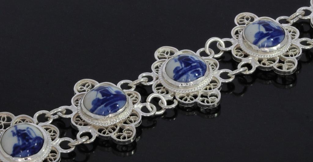 Delftsblauwe molen zilveren fraaie armband dames vintage, Verzenden, Zilver, Armband, Met edelsteen
