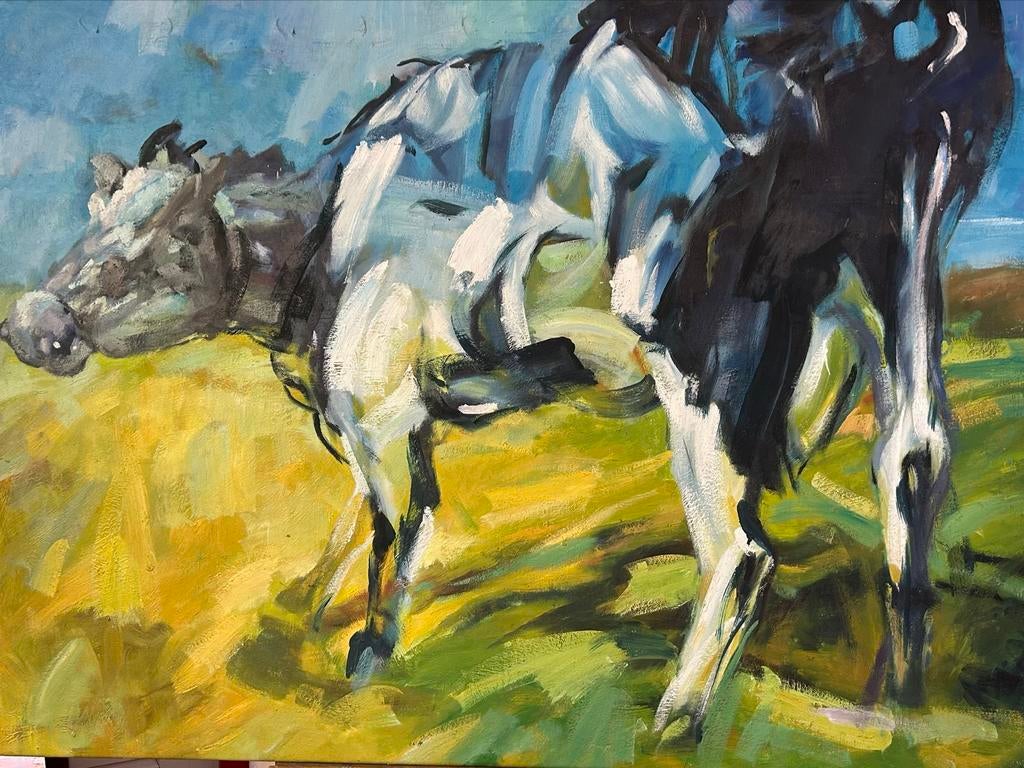 Groot olieverf schilderij melkkoe op doek - 125x85 cm, Ophalen of Verzenden