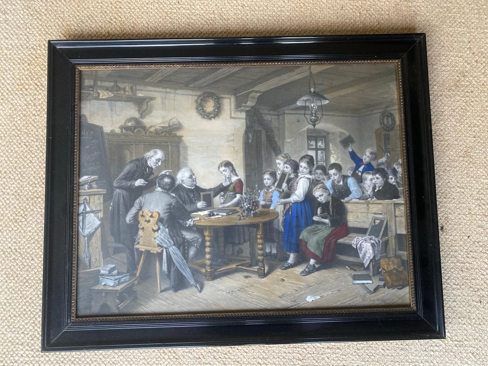 Antieke ingelijste prent: klaslokaal 50x85cm, Ophalen, Portret of Personen, Klassiek, Print