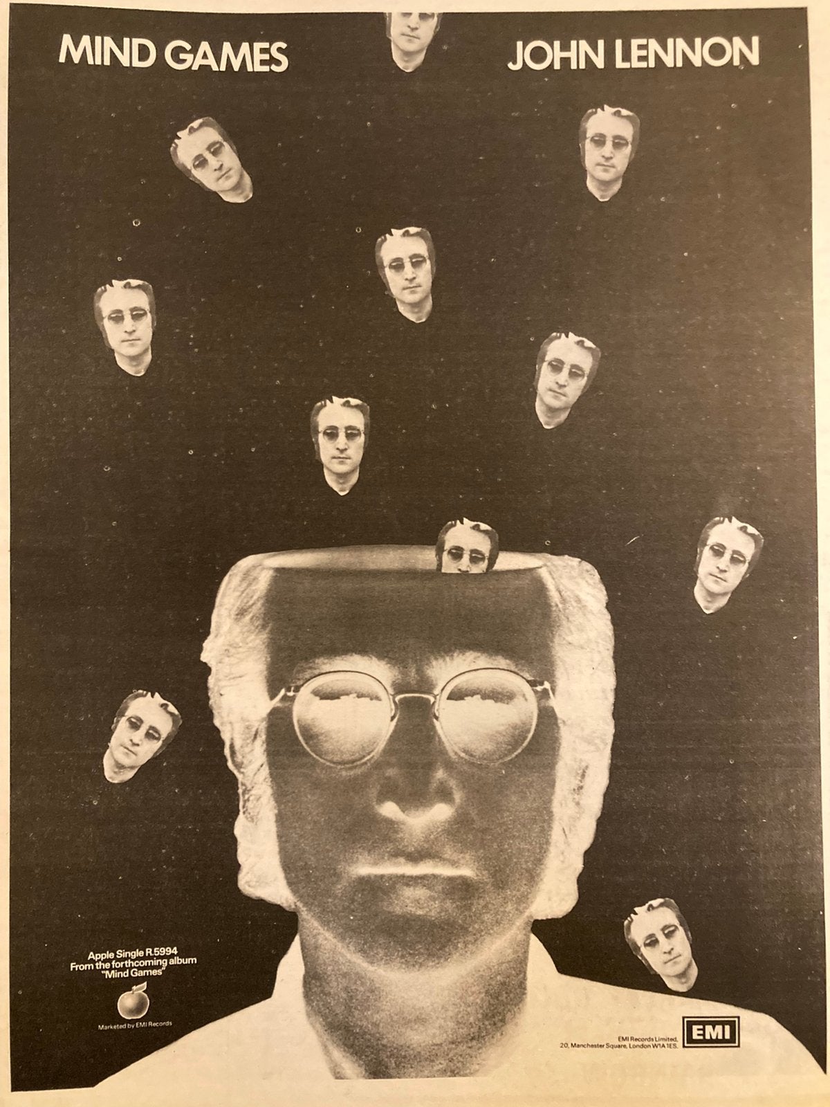 Paginagrote A3 advertentie JOHN LENNON Mind Games release, Ophalen of Verzenden, Zo goed als nieuw