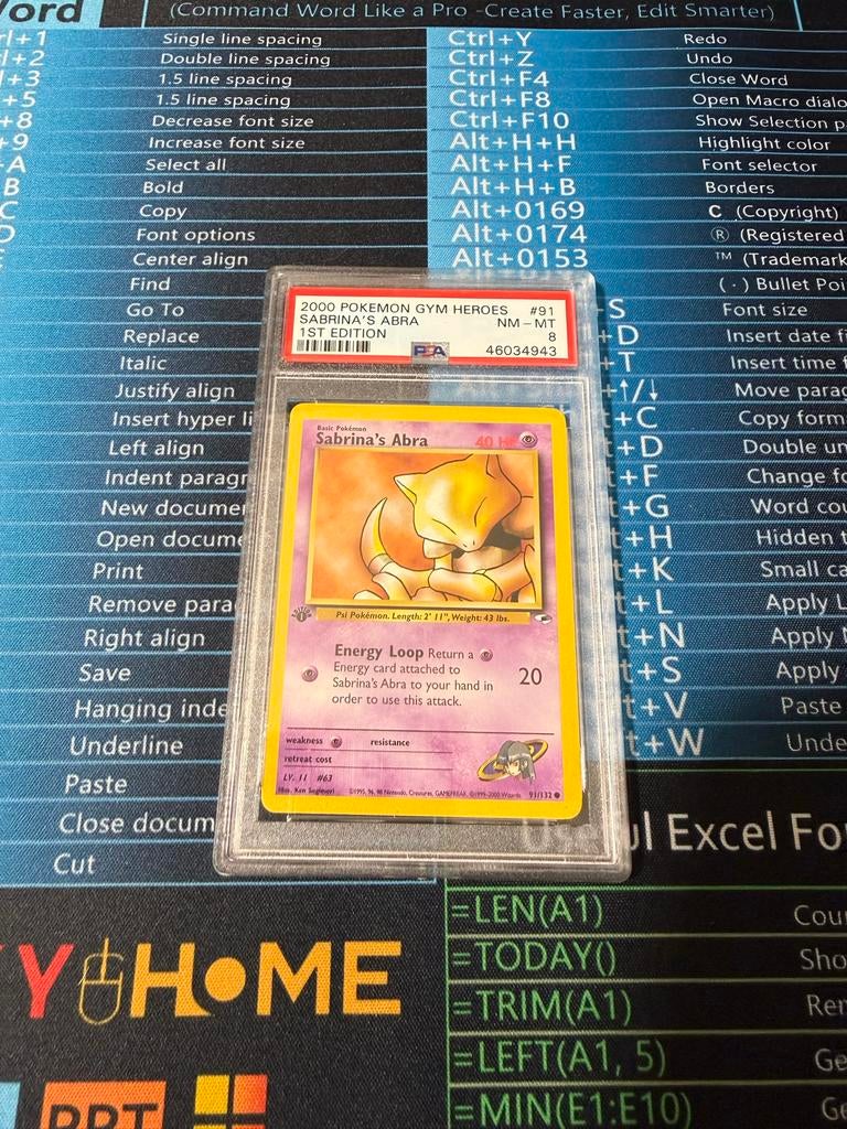 Pokemon Sabrina's Abra 2000 Gym Heroes 1st Edition PSA 8, Ophalen of Verzenden, Zo goed als nieuw, Losse kaart