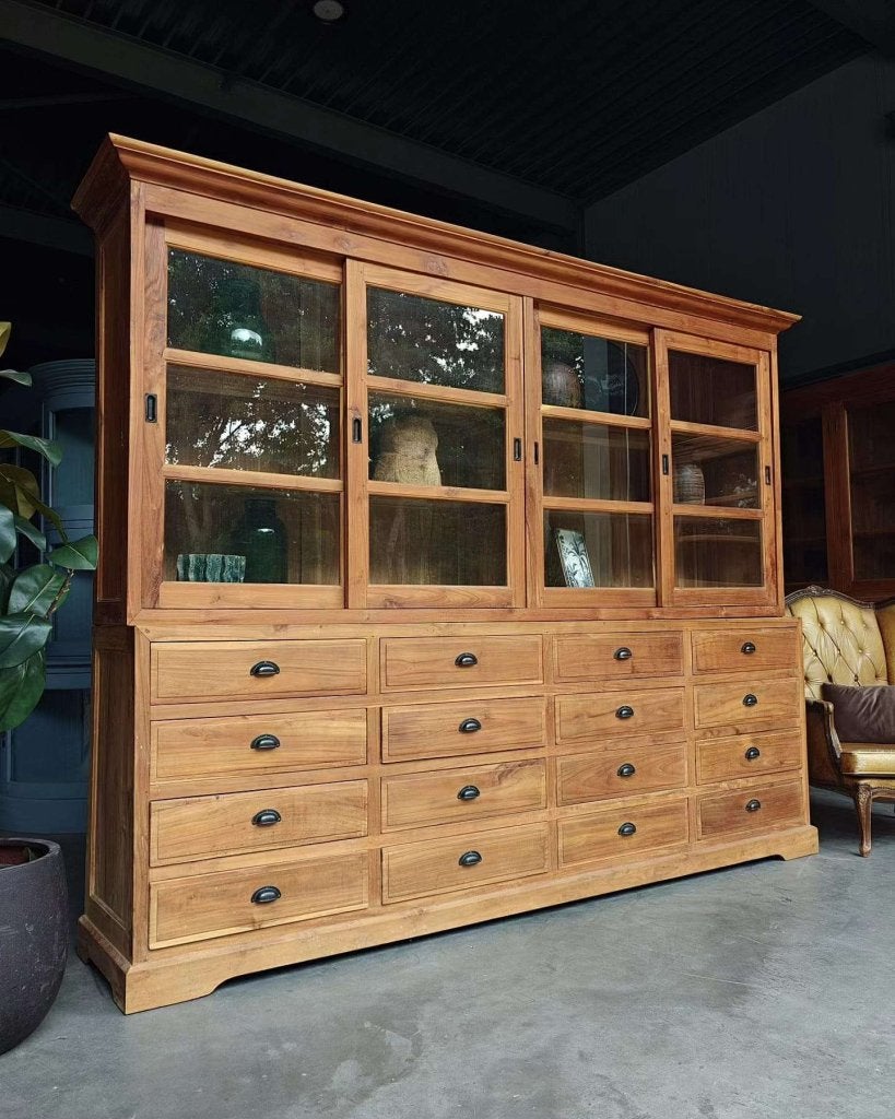 Prachtige teak apothekerskast | Laboratorium kast  #0795, Gebruikt, -, 200 cm of meer, -