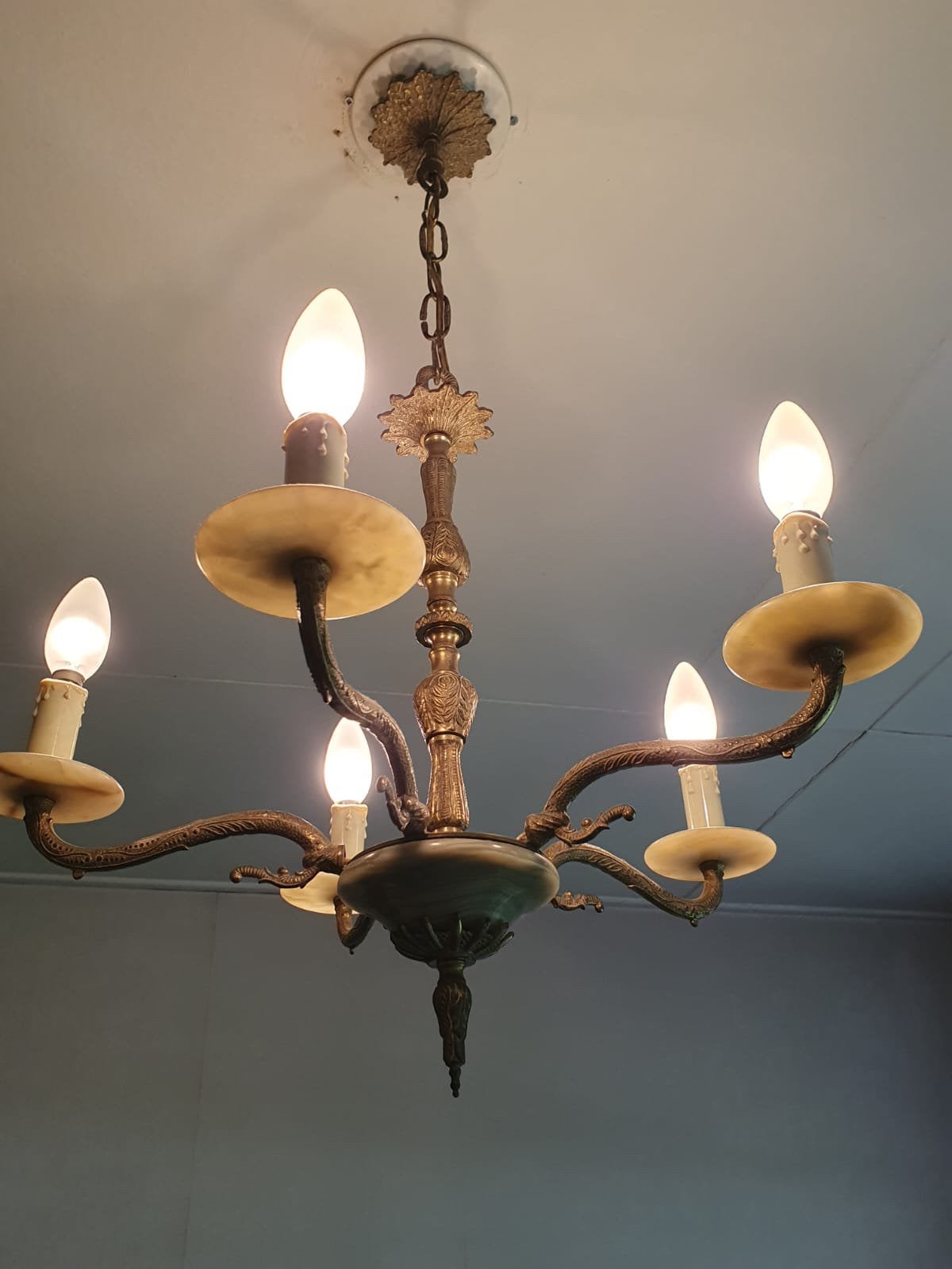 Vintage Kroonluchter met 5 Lichtpunten en Marmeren Details, Ophalen