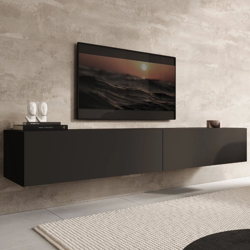 TV-meubel | Zwevend | Mat Zwart | 200 cm, Ophalen, 150 tot 200 cm, Zo goed als nieuw, Minder dan 100 cm