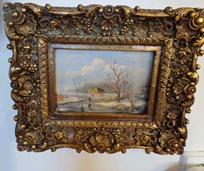Winterlandschap met schaatsers, olieverf op paneel, ingelijs, Paneel, Ophalen of Verzenden, Landschap, Olieverf