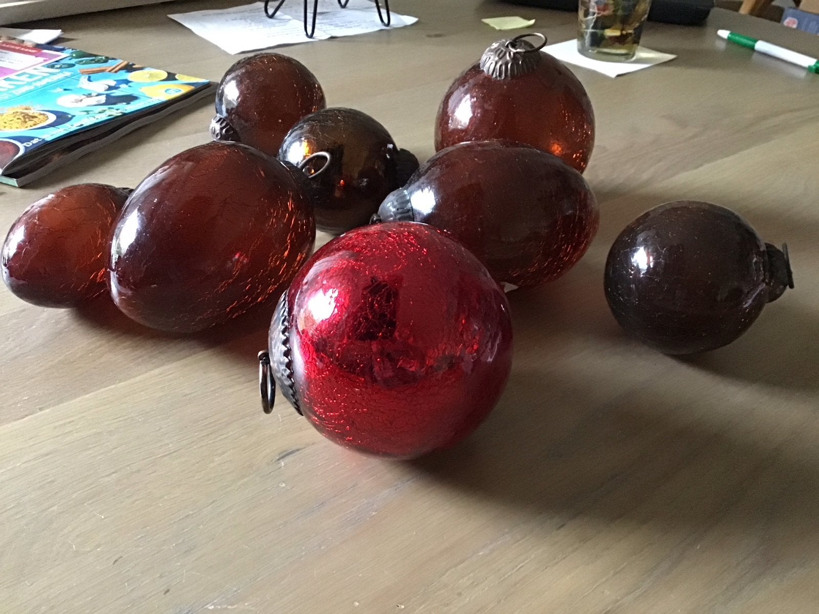 8 antieke glazen kerstornamenten met craquelé effect, Ophalen of Verzenden, Zo goed als nieuw
