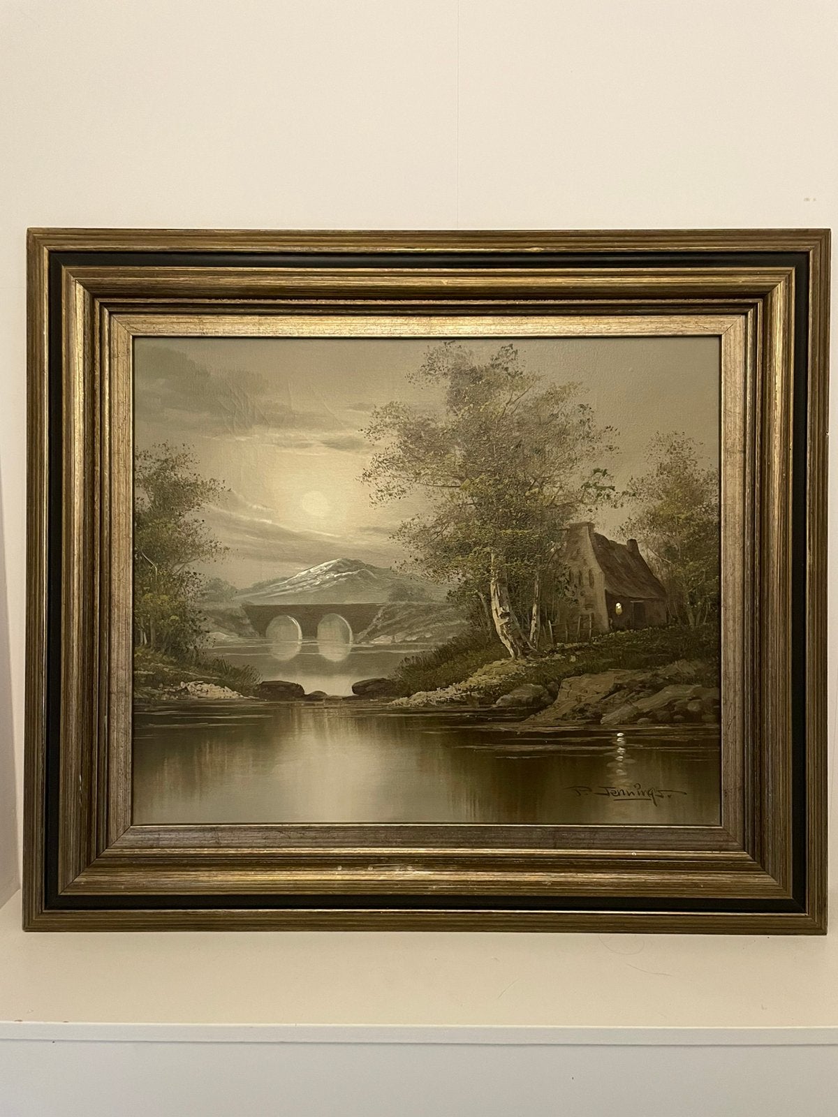 Ingelijst olieverfschilderij A.P. Jennings (20e eeuw), Antiek en Kunst, Doek, Ophalen of Verzenden, Gesigneerd, Landschap