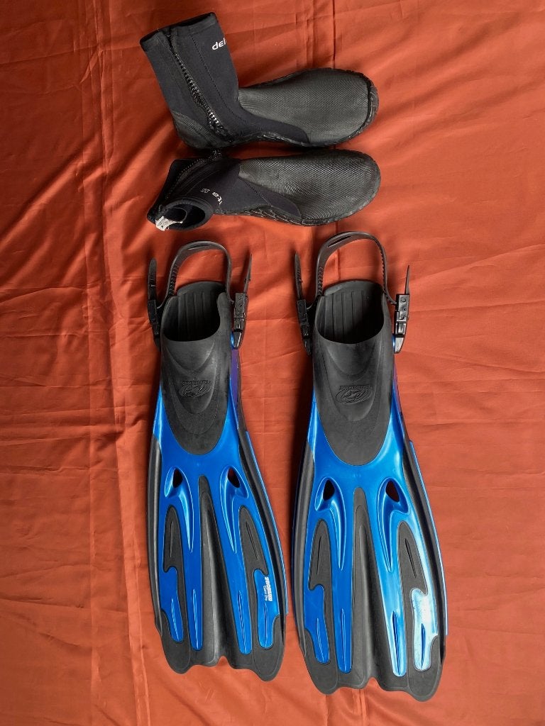 Pro blue tiara pro ii duikvinnen met schoenen 44-47 60,-, Watersport en Boten, Snorkelen, Ophalen, Gebruikt, Snorkelvinnen