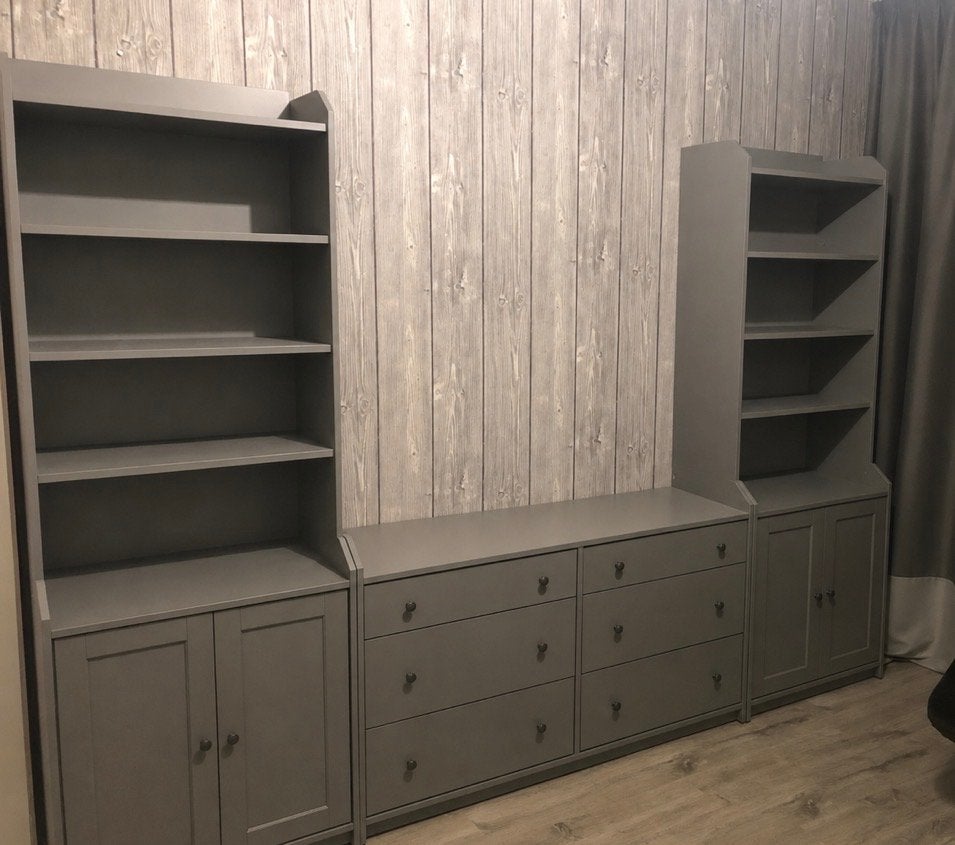 Ikea Hauga: 2 boekenkasten en ladeblok (grijs), Ophalen, Overige materialen, Gebruikt, 200 cm of meer