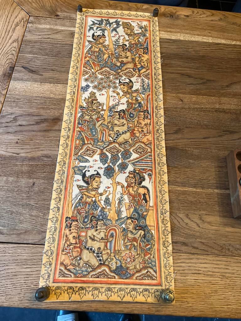 Uniek Balinees Kamasan Wayang schilderij op doek, Antiek en Kunst, Ophalen of Verzenden