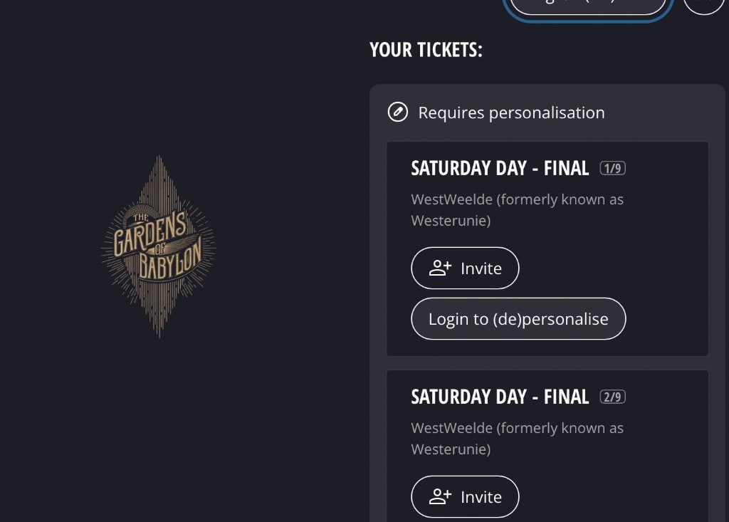 5 tickets te koop Gardens of Babylon ADE (zaterdag daytime), Drie personen of meer