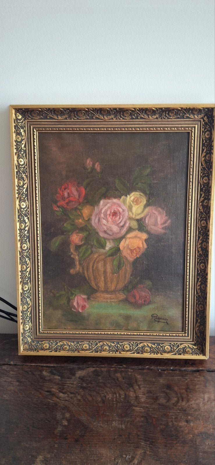 Vintage stilleven olieverfschilderij met rozen in lijst, Doek, Stilleven, Olieverf, Vintage