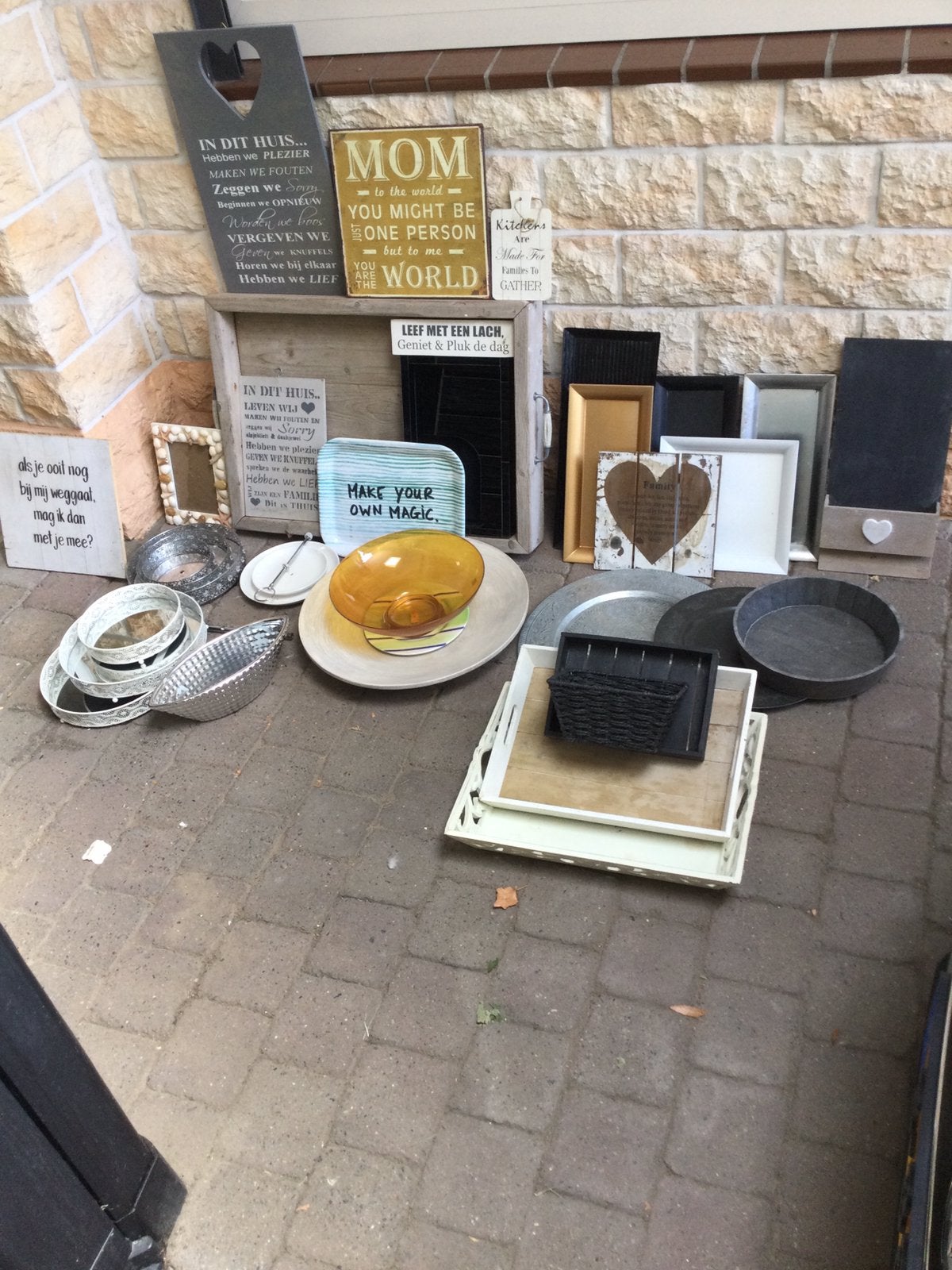 Dienbladen,fruitschalen,etagères,spreukborden in 1 koop, Ophalen, Gebruikt