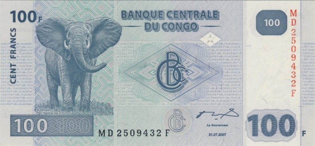 Congo bankbiljet 100 Francs 2007, Pick 98 UNC (olifant), Verzenden, Overige landen, Los biljet