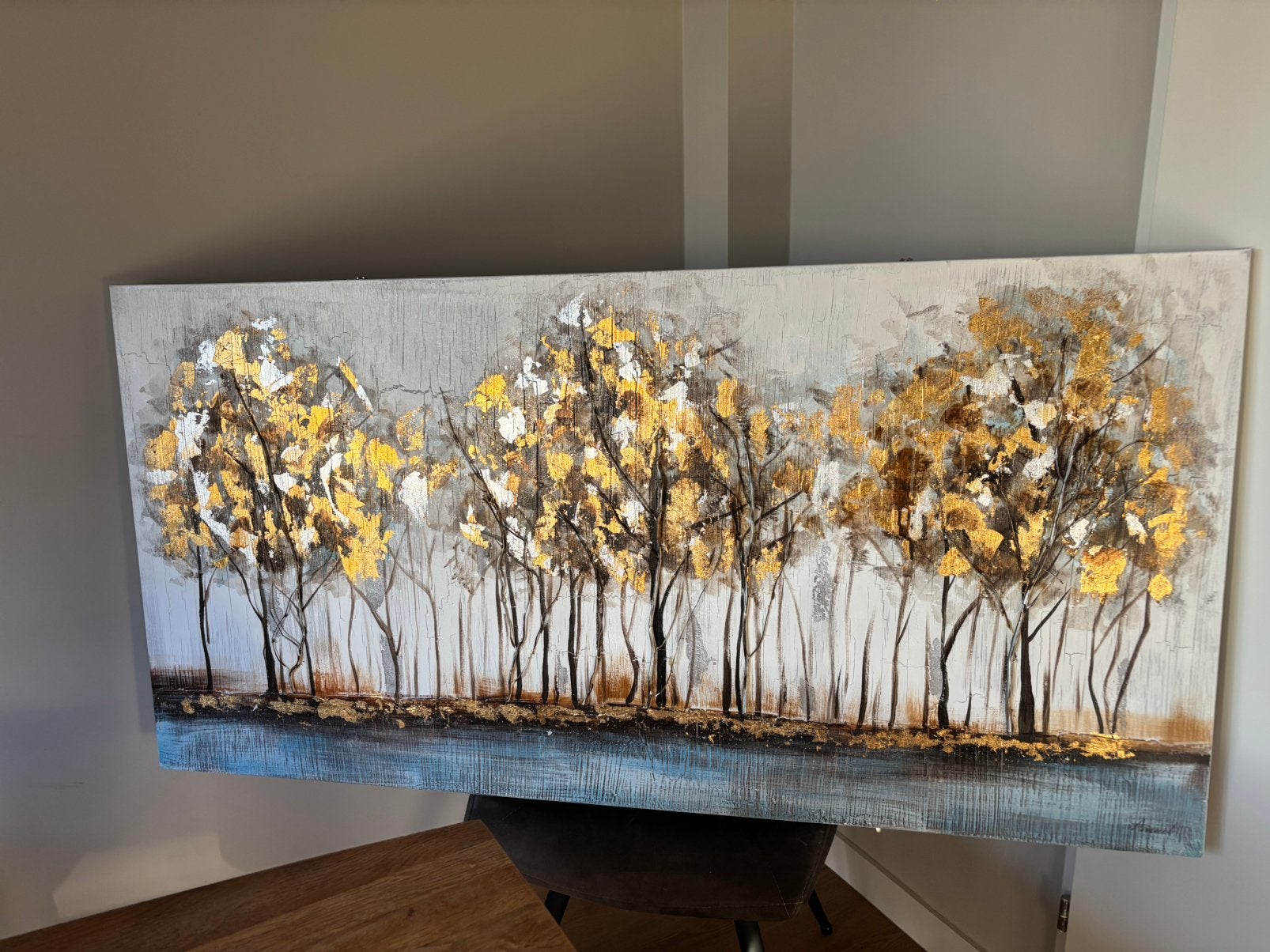Modern schilderij canvas met goudaccenten abstract bomenbos, Ophalen