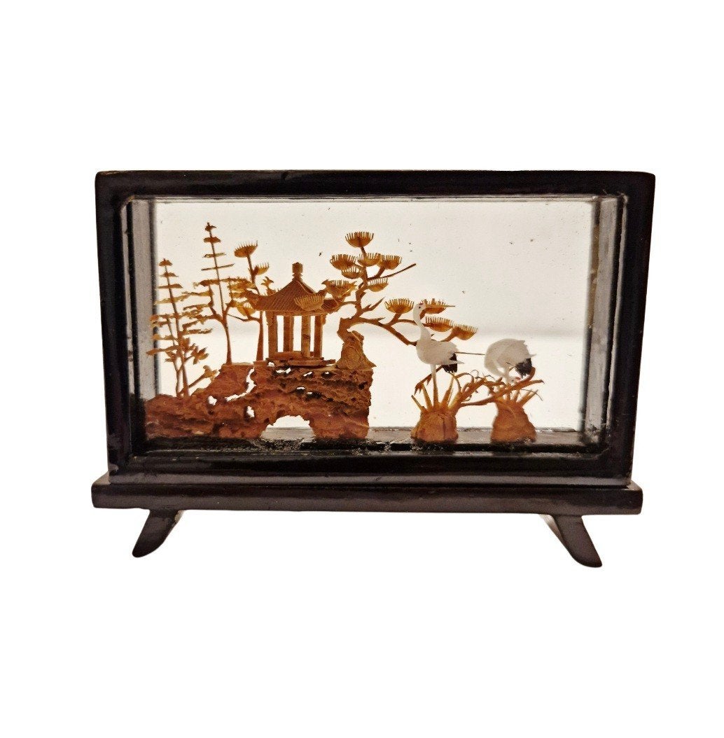 vintage vitrine kurk kunst oosterse kunst, Handgemaakt, Ophalen of Verzenden, Houtsnijwerk, Bruin