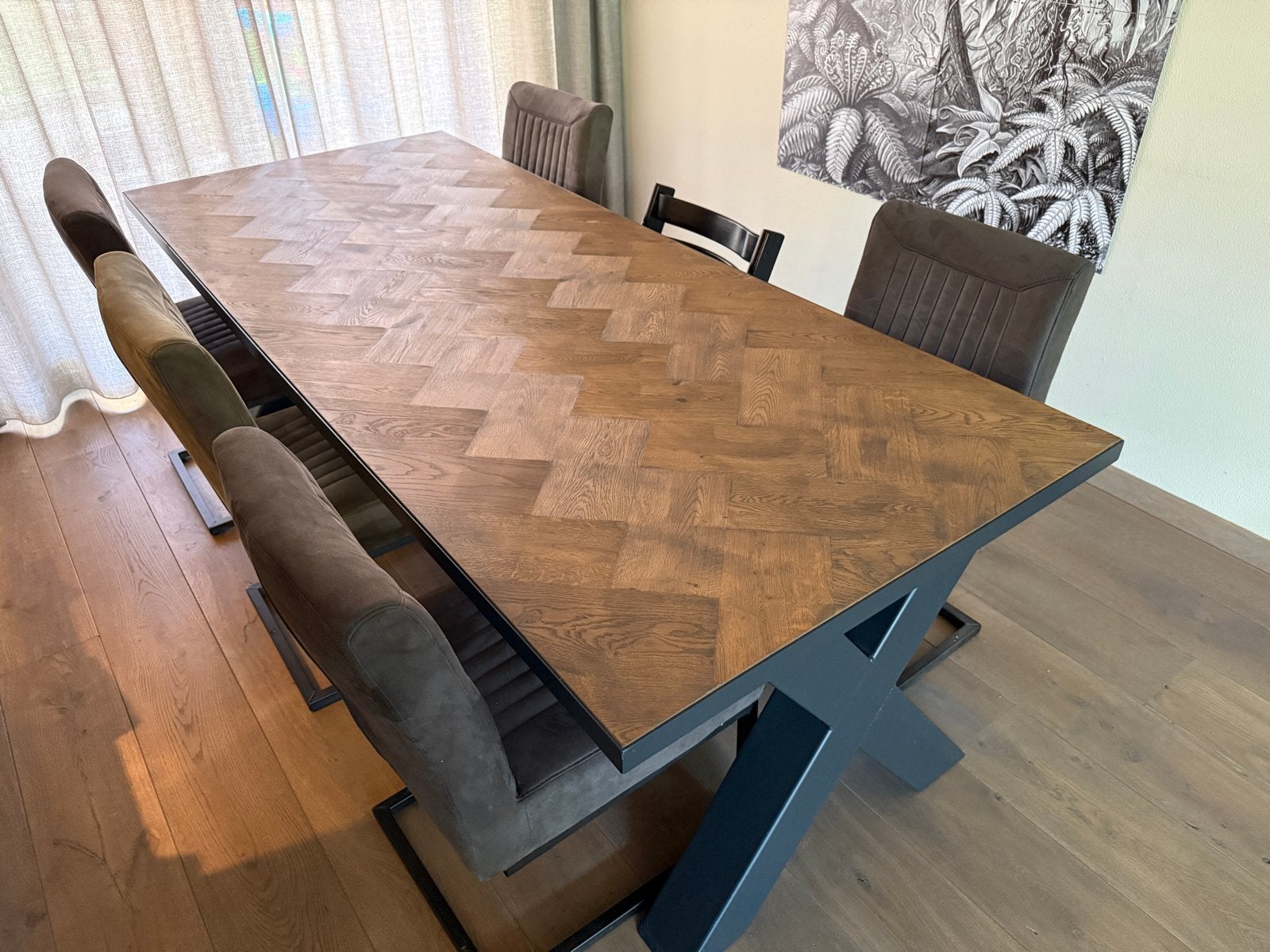 Rustiek eiken eettafel Pablo (240x100) met X-poot en stoelen, Ophalen, 100 tot 150 cm, Eikenhout, 200 cm of meer